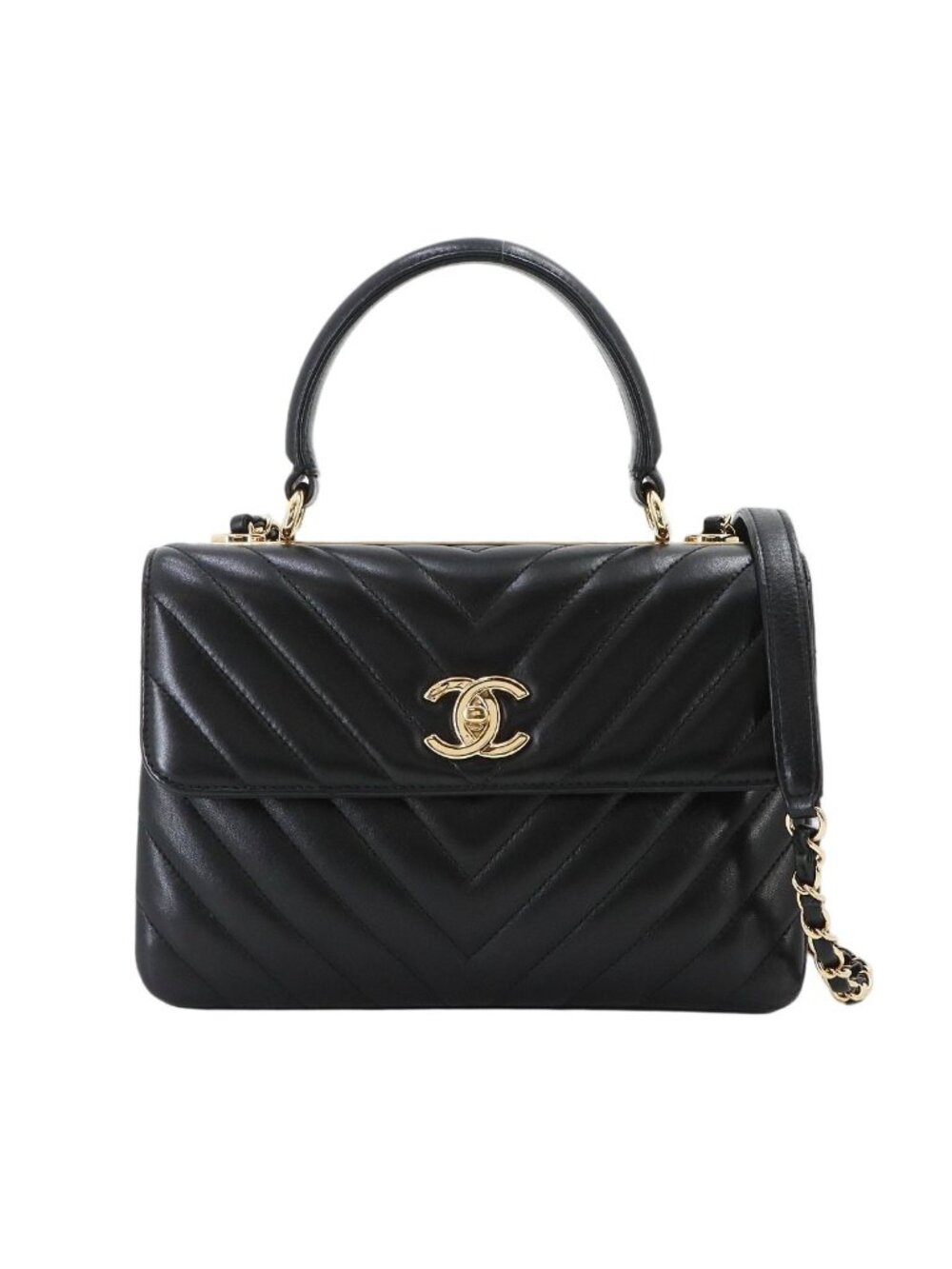 Chanel Trendy CC Chevron V-stitch 2-Way Hand Chain Shoulder Bag Leather Black